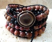 Rhodonite & Lava Handmade Beaded Leather 4-Wrap Bracelet