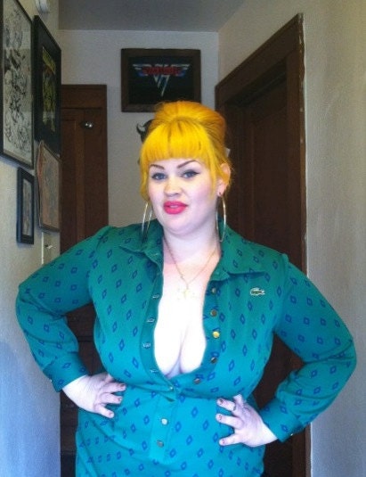 III Vintage 60s Plus Size Lacoste Green Navy and Gold Shirt Dress III