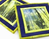 Quilted Pot Holders - Navy Blue, Chartreuse, Forest Green and Cerulean Blue Hand Dyed Fabric Hot Pads