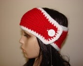 Soft Wool Unique Button Hand Crochet Knit Headband Woman Teen Adult Girl Bright Red White Frost Valentine's Day ski earwarmer neck warmer