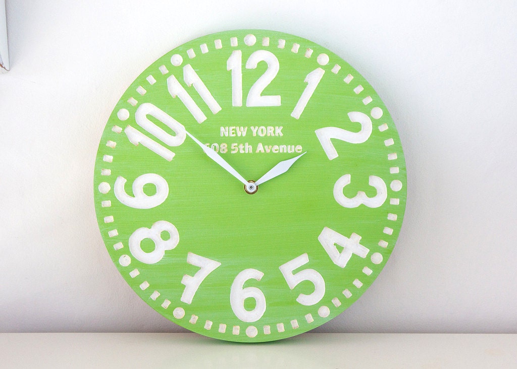 Vintage clock -New York- pseudo vintage birch clock hand painted  happy fresh apple green color