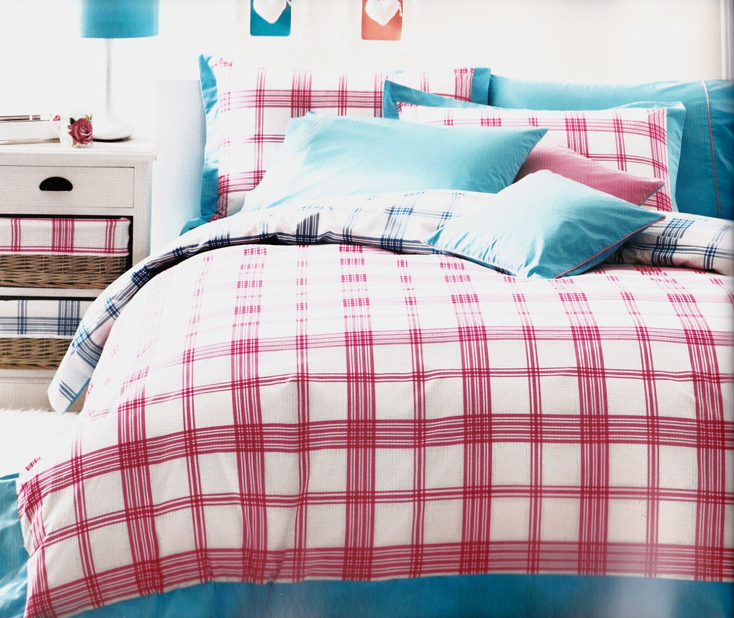Custom Queen or Double Size Reversible Pink and Navy Blue , Turquoise Blue Checked Plaid Printed Bedding Set