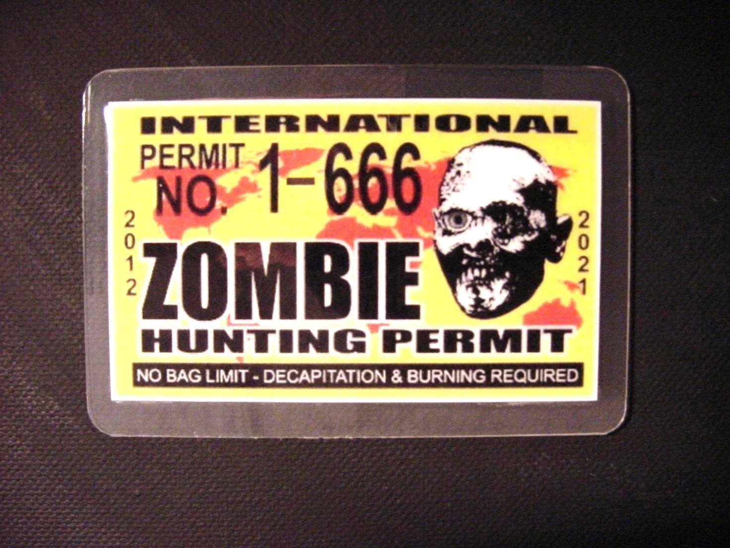 Zombie FUN Hunting Permit ID CARD - Free Shipping -