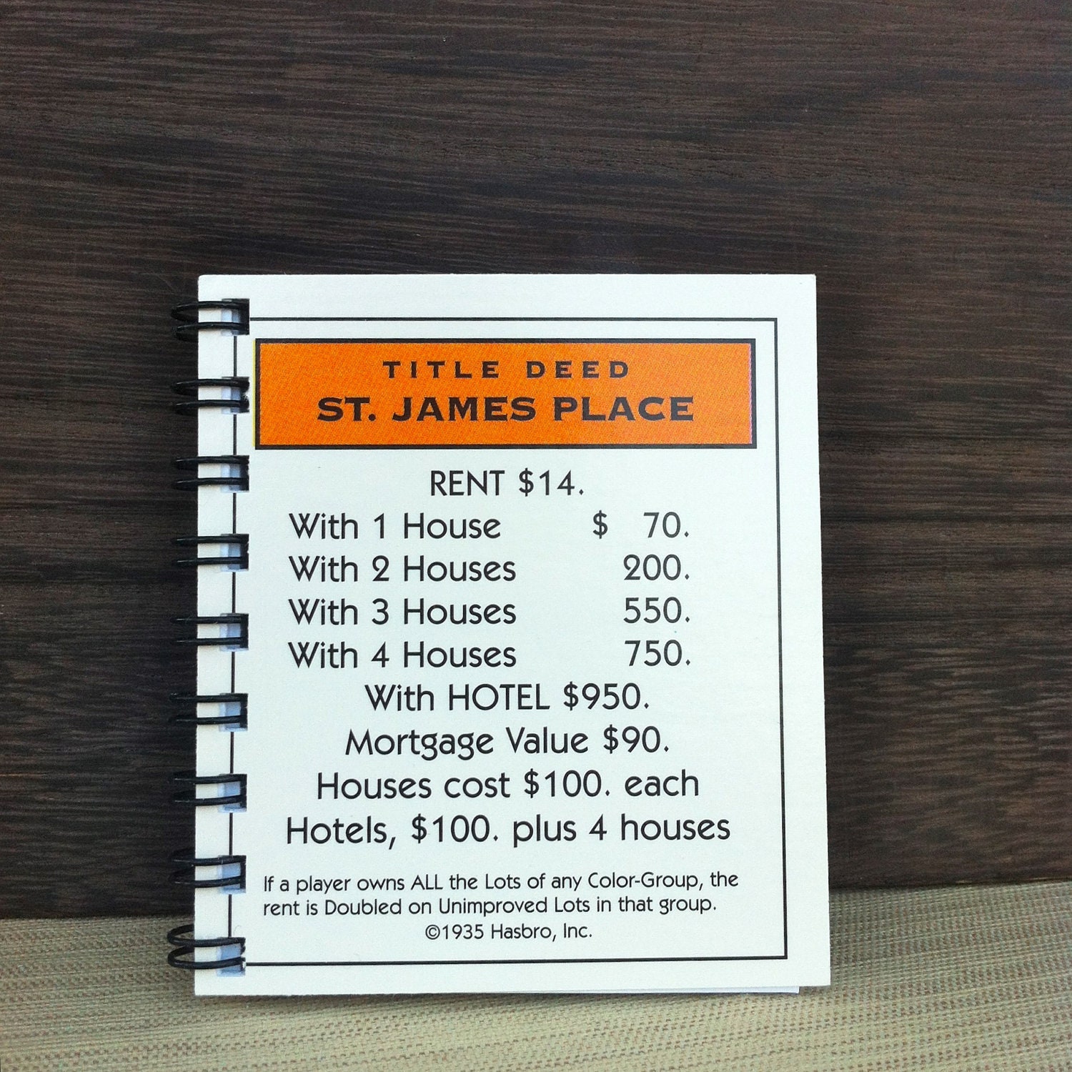 Upcycled Monopoly Property Card Notebook - St. James Place