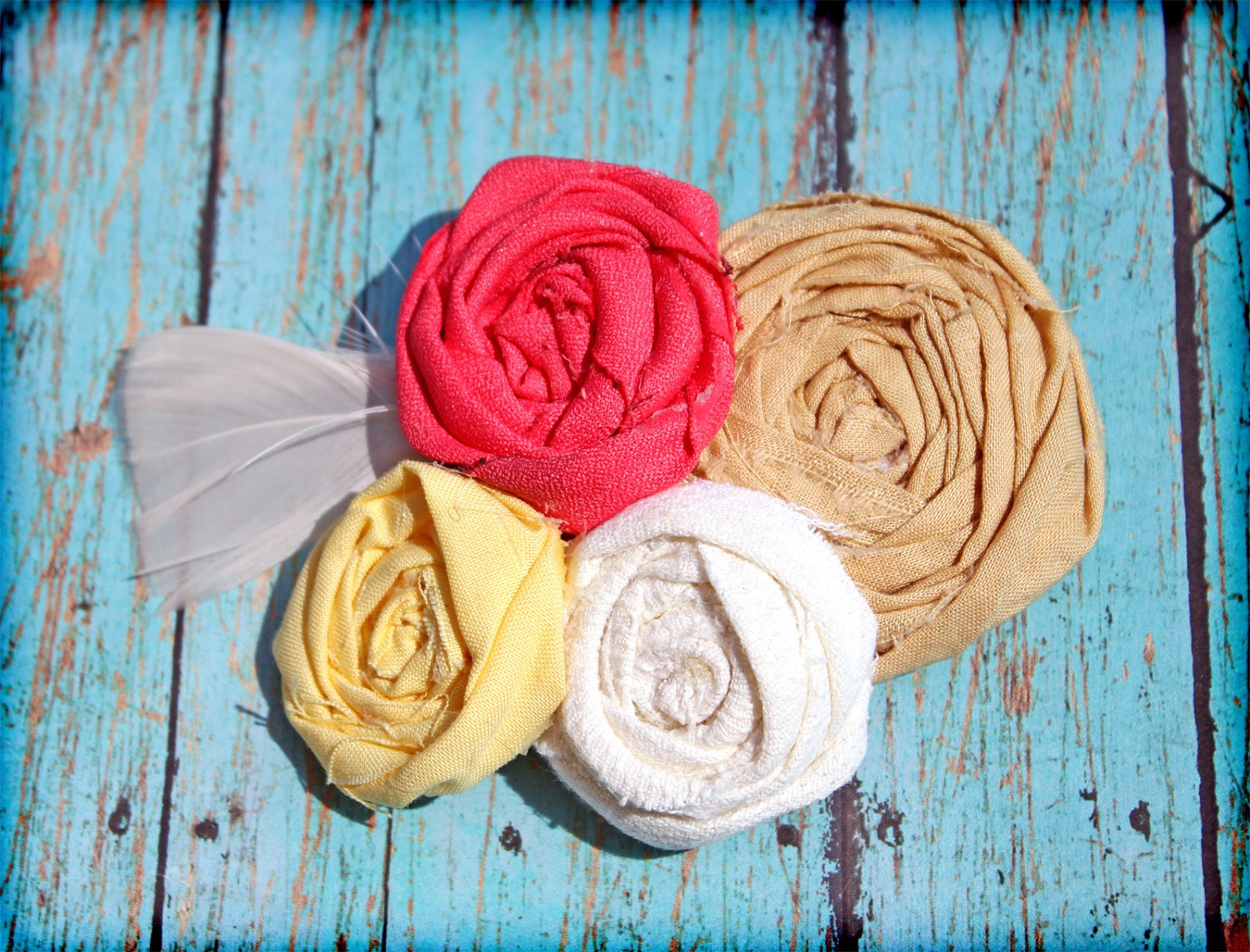 Coral, Mustard Yellow, Cream Rosette Headband, Fabric Flower Hair Accessory, Baby Girls Hair Clip, Hair Bow, Fabric Flowers Brooch