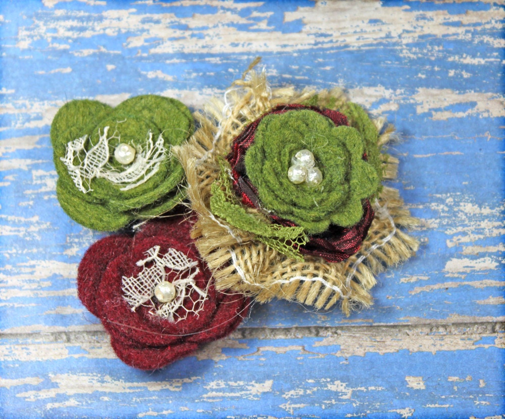 Burlap Flower Headband, Felt Flowers, Maroon, Green Headband, Hair Accessories, Baby Girl's Hair Bows, Brooch, Fabric Flower Hair Clip