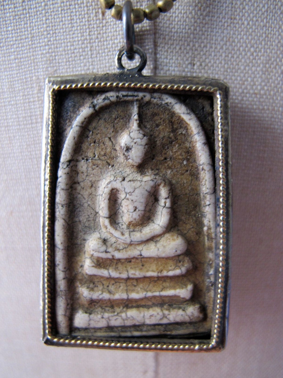 Necklace with Large Seated Buddha Prayer Amulet from Thailand Strung on Tiny Indian Brass Beads