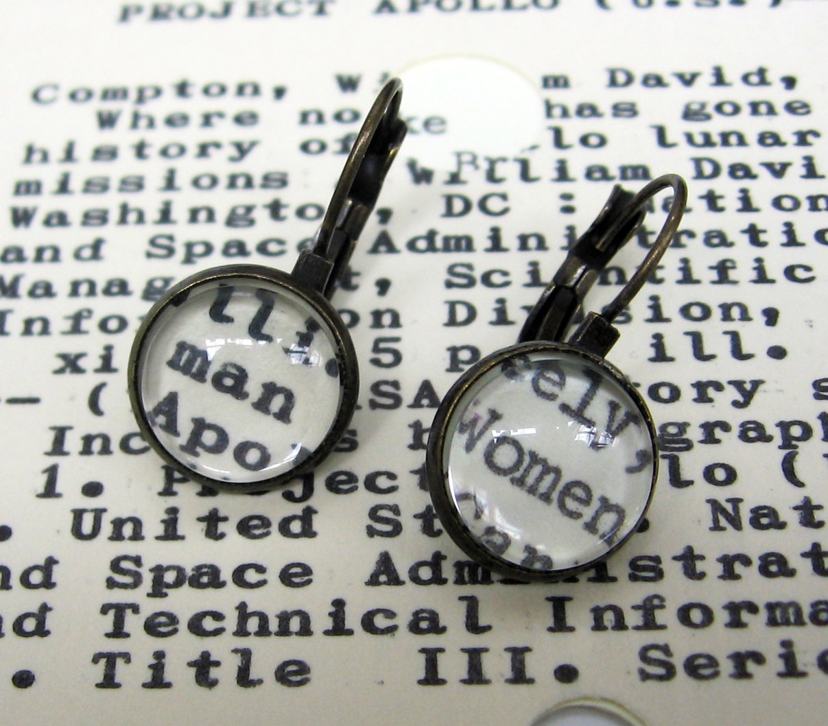 Man and Woman Women Recycled Library Card Word Earrings Patina Brass