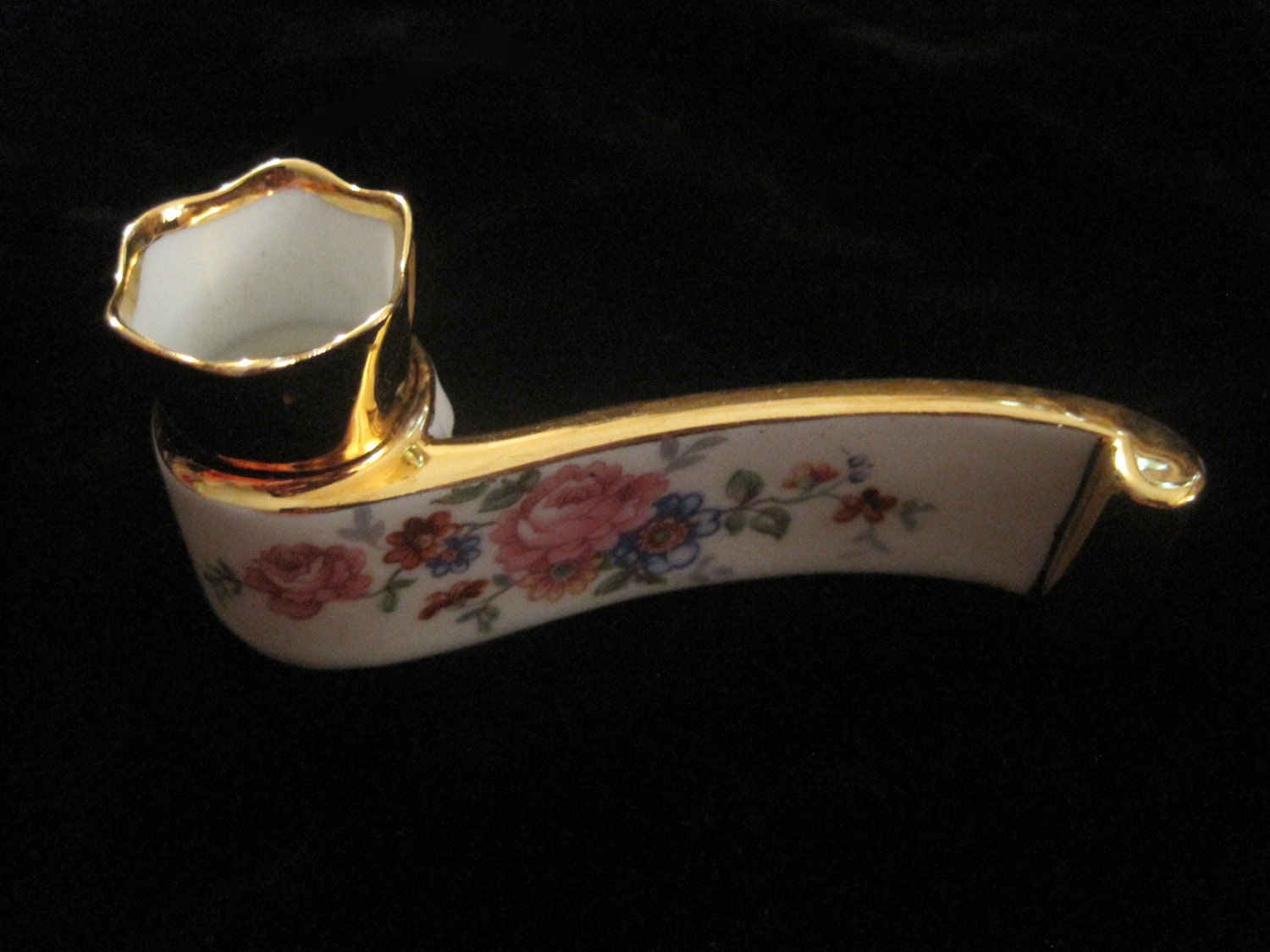 Limoges Candle Holder Gold and White Ceramic Flowers France French Blue Pink Floral P. Pastaud