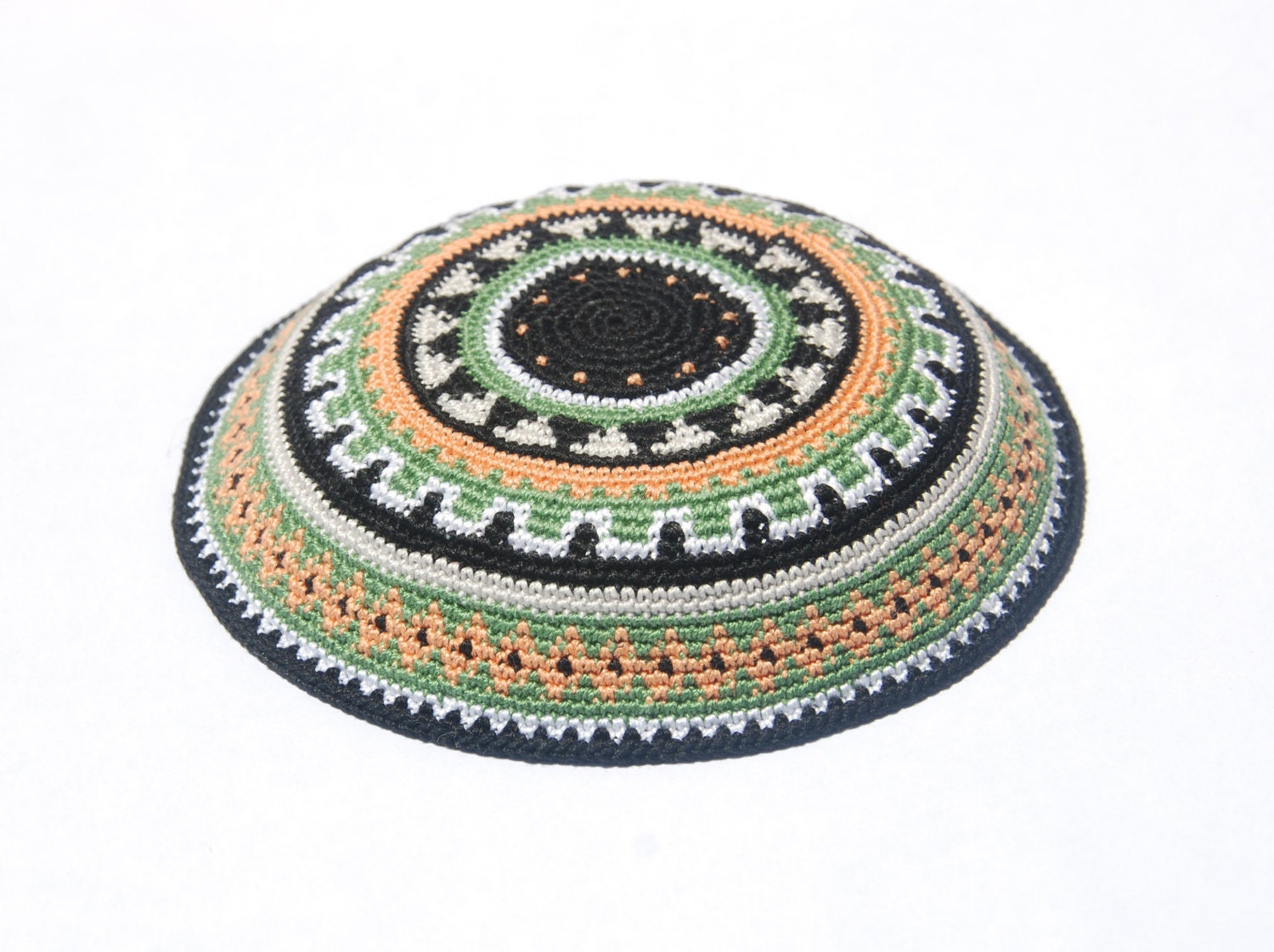 Geometric Green, Orange B&W crochet Kippah, Hand made - free shipping