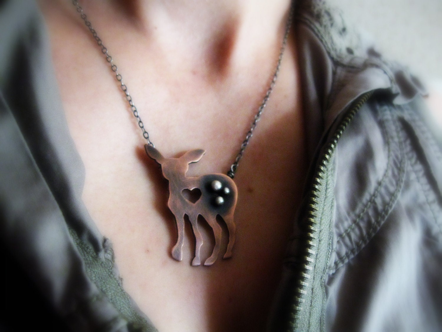 Deer Fawn Necklace Rustic Copper Heart Sterling Silver Balls Metalsmith Animal Jewelry Geekery Novelty
