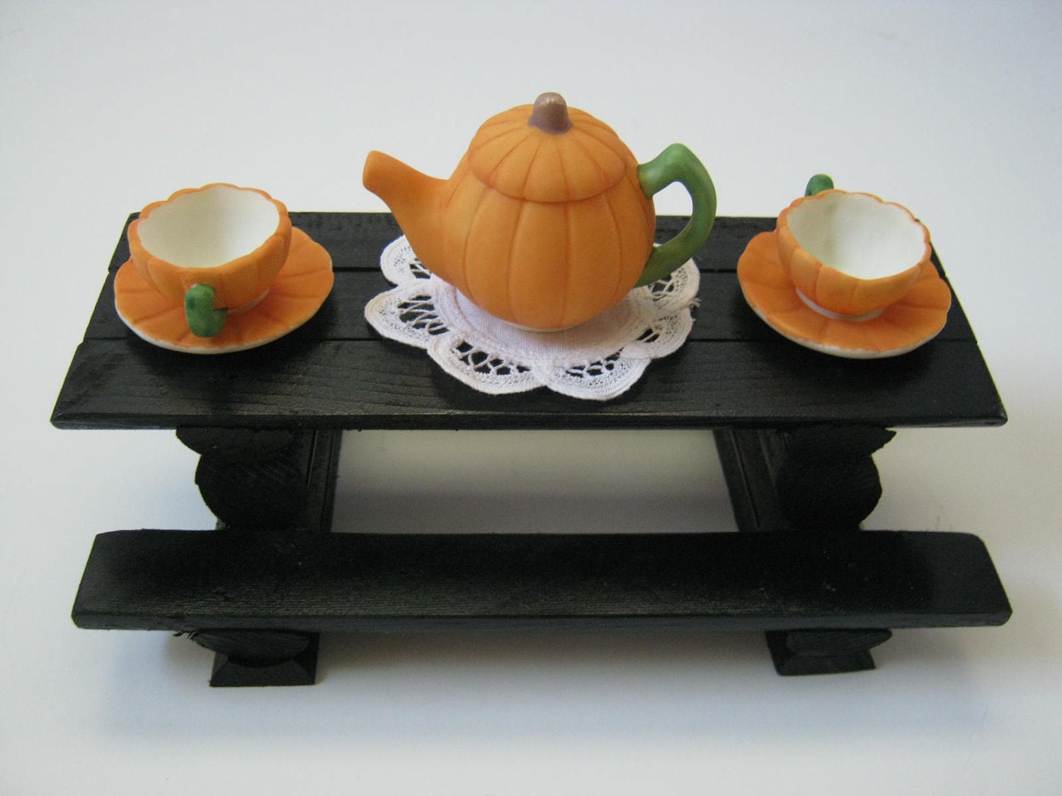 Rustic Black Log Picnic Table w/Pumpkin Tea Set - NobleCabinWorks