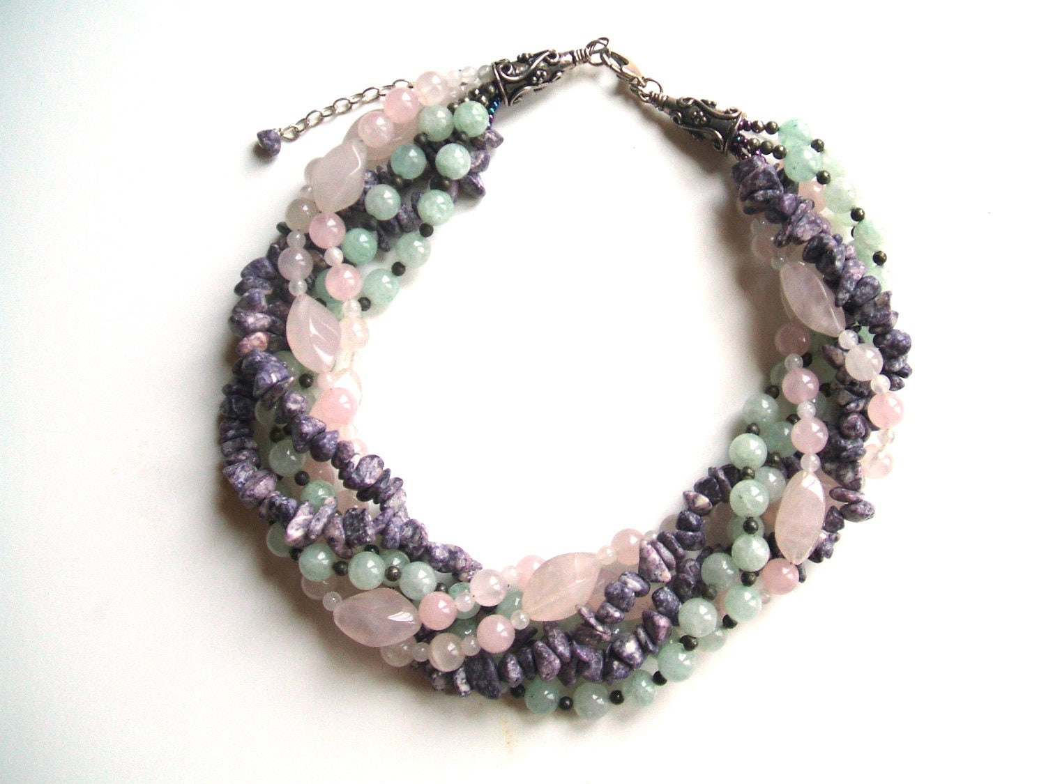 Rose Quartz, Jade, Amethyst Stones, 5 Strand Necklace