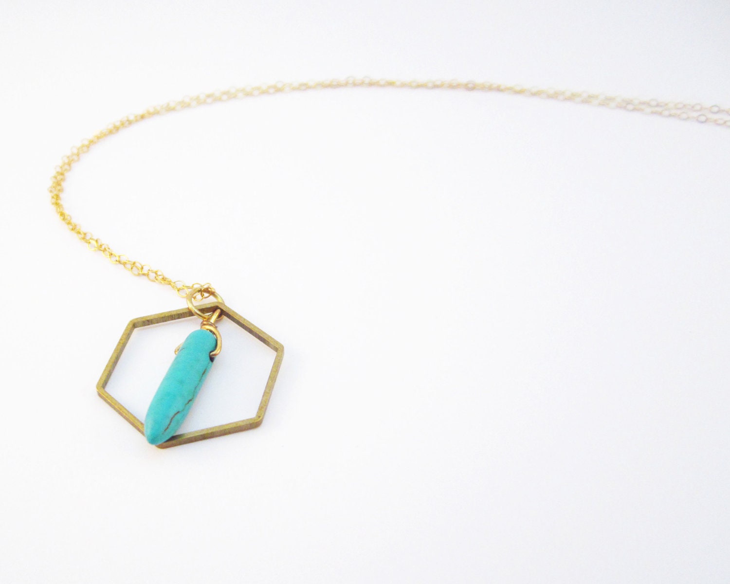 Hexagon Turquoise Necklace 14k Gold Filled Chain Everyday and Layering   Christmas Holiday 2012 - LaurenRoseJewlers