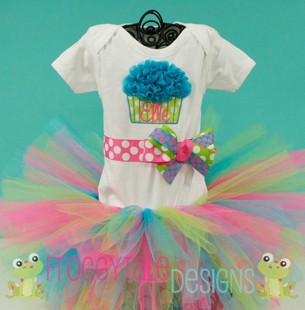 BIRTHDAY PERSONALIZED Ruffle Cupcake Bodysuit Onesie and Tutu Outfit in Hot Pink Lime Turquoise for Little Baby Girls - CUSTOM