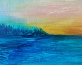 SALE - SEA SCAPE Painting Acrylic Art 8 x 10 Shades of Turquoise Teal Ocean Navy Blue Forest Green Hunter Green Ochre Yellow, Rust Orange
