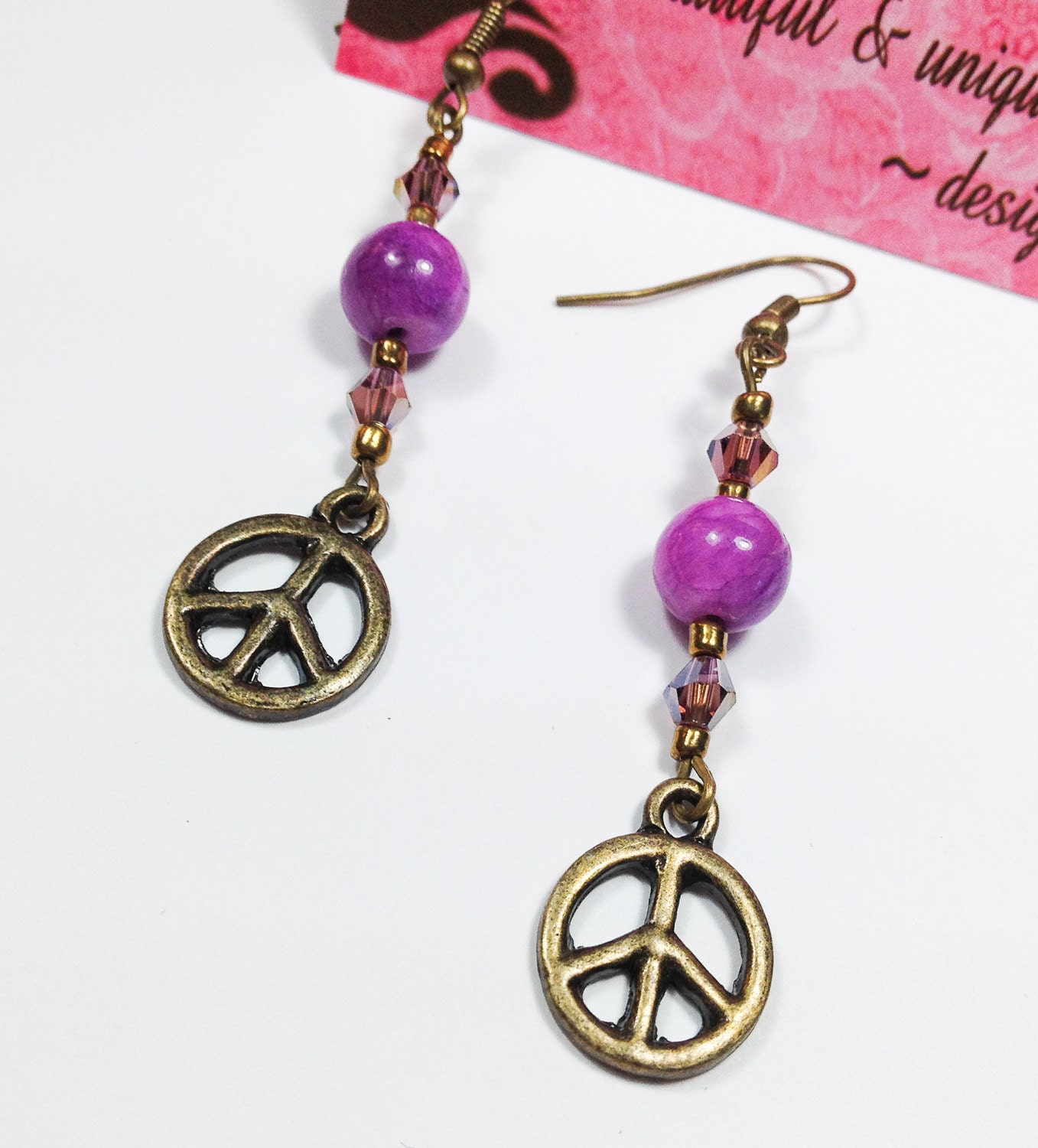 Dangle Earrings with Purple Jade Beads & Swarovski Crystals and Antique Bronze Peace Sign Charms