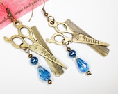 Dangle Earrings with Ocean Blue Swarovski Teardrop Crystals, Blue Glass Pearls and Antique Bronze Scissor & Comb Charms