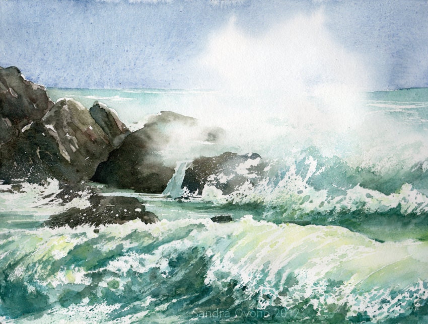 Watercolor seascape - Art print from original painting - Waves and rocks - SandraOvono