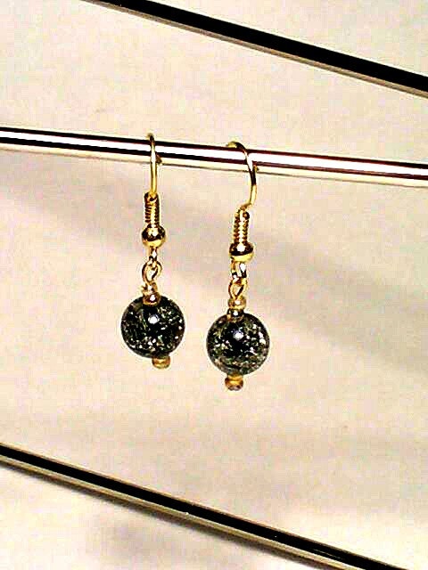 Bridal Jewelry, Gold Earrings, Black Bead Earrings, Silver Flakes, Dichroic, Gold Colored Beads, Dangle