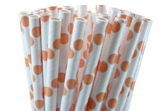 25 Orange Polka Dot on White Paper Straws with handmade scalloped white paper flags