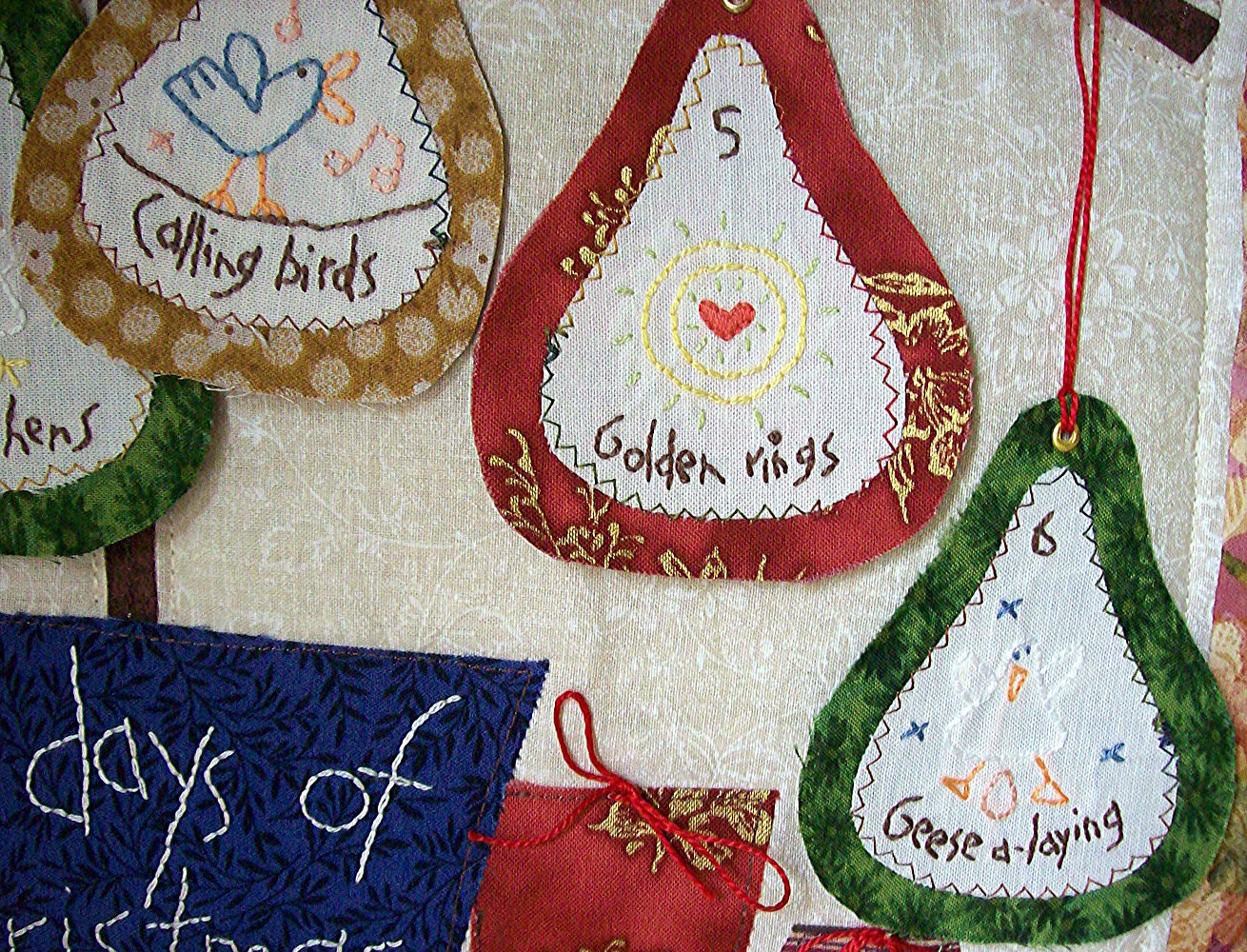12 Days of Christmas Wall Hanging -- Hand Embroidery & Machine Quilting