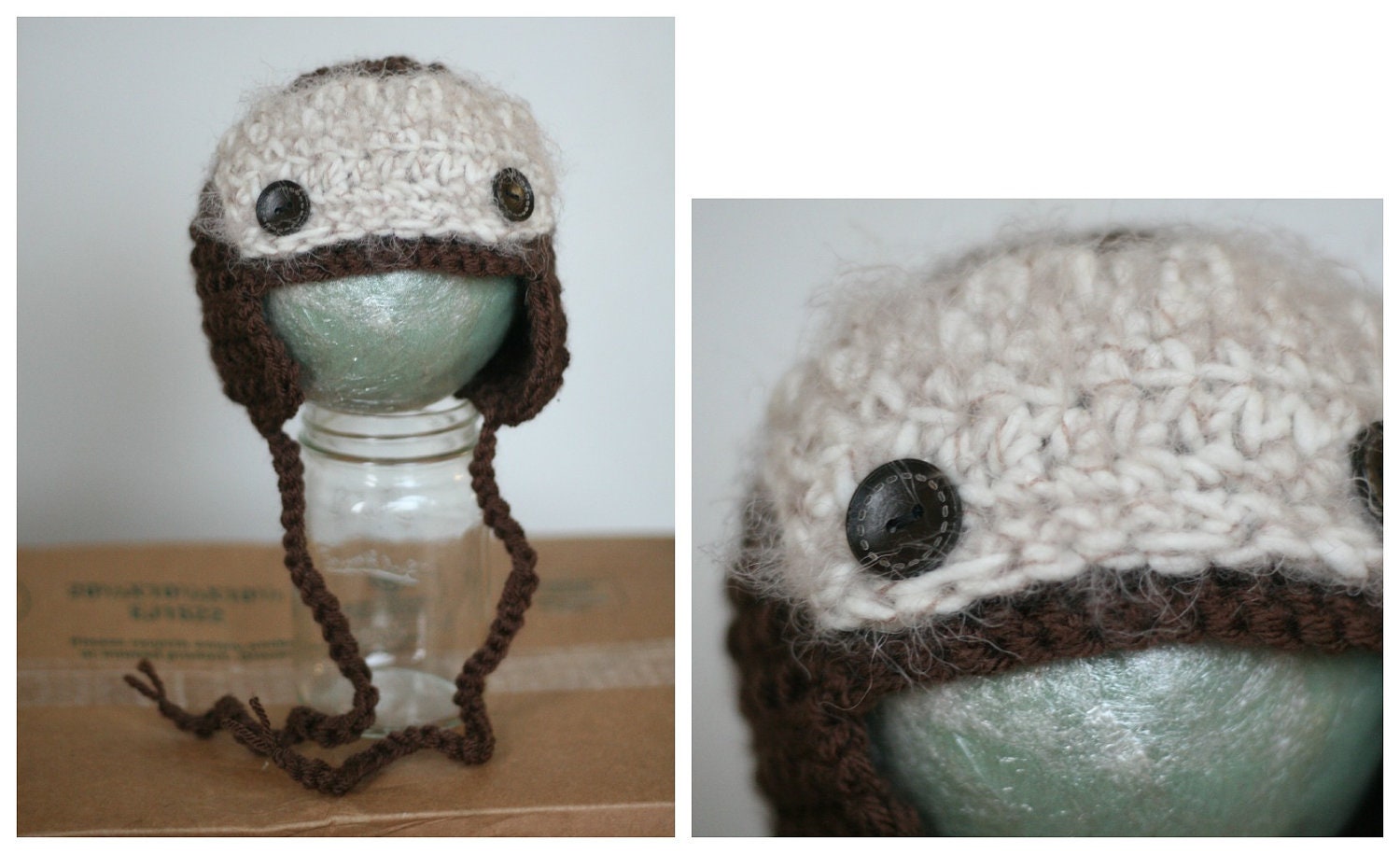 Newborn Boy Aviator Hat, Photo Prop, Baby Boy Beanie, Chocolate Brown, Buttons, Crochet Knit, Winter Fashion, Pilots cap
