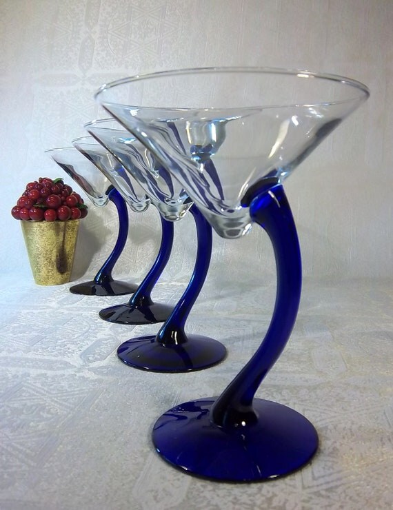 Four Large Blue Stem Martini Glasses by DayJahView on Etsy
