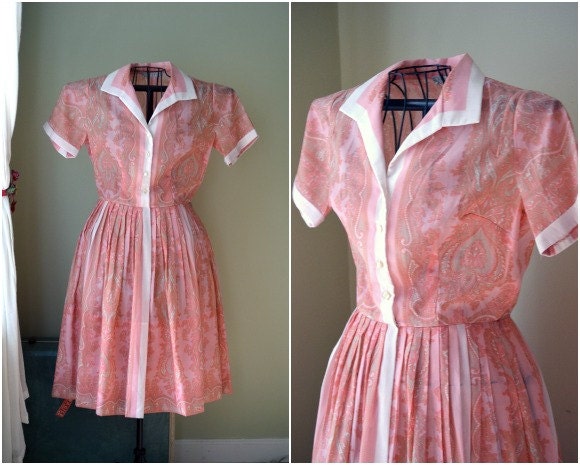 Vintage Pink Paisley Pleated Day Dress   - 1950s