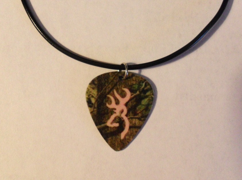 Mossy Oak Camo with light pink browning deer symbol guitar pick necklace jewelry