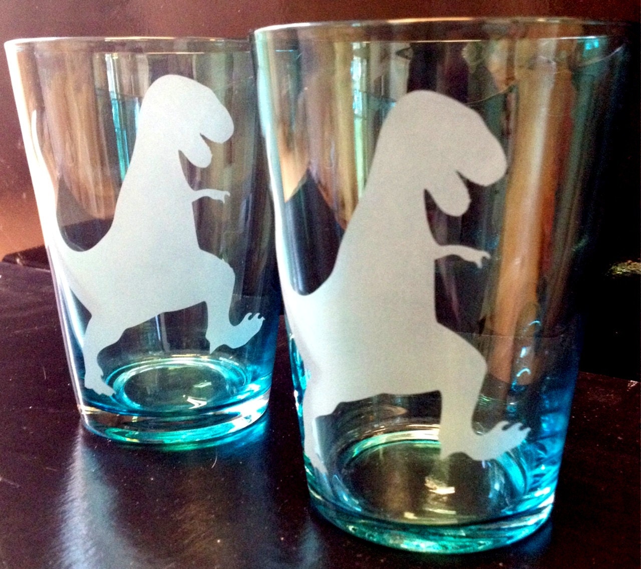 OOAK TYrannosaurus Rex T Rex Dinosaur Clear Turquoise Blue Etched Tumbler Set