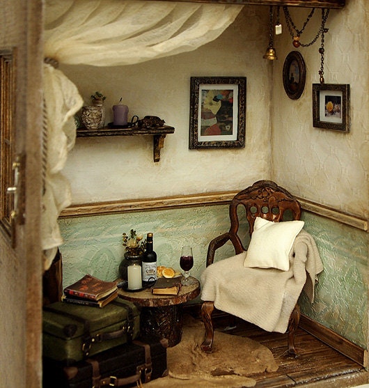 The Room with Old TRUNK (No.1)- Vintage Antique chair -handmade Dollhouse Miniatures