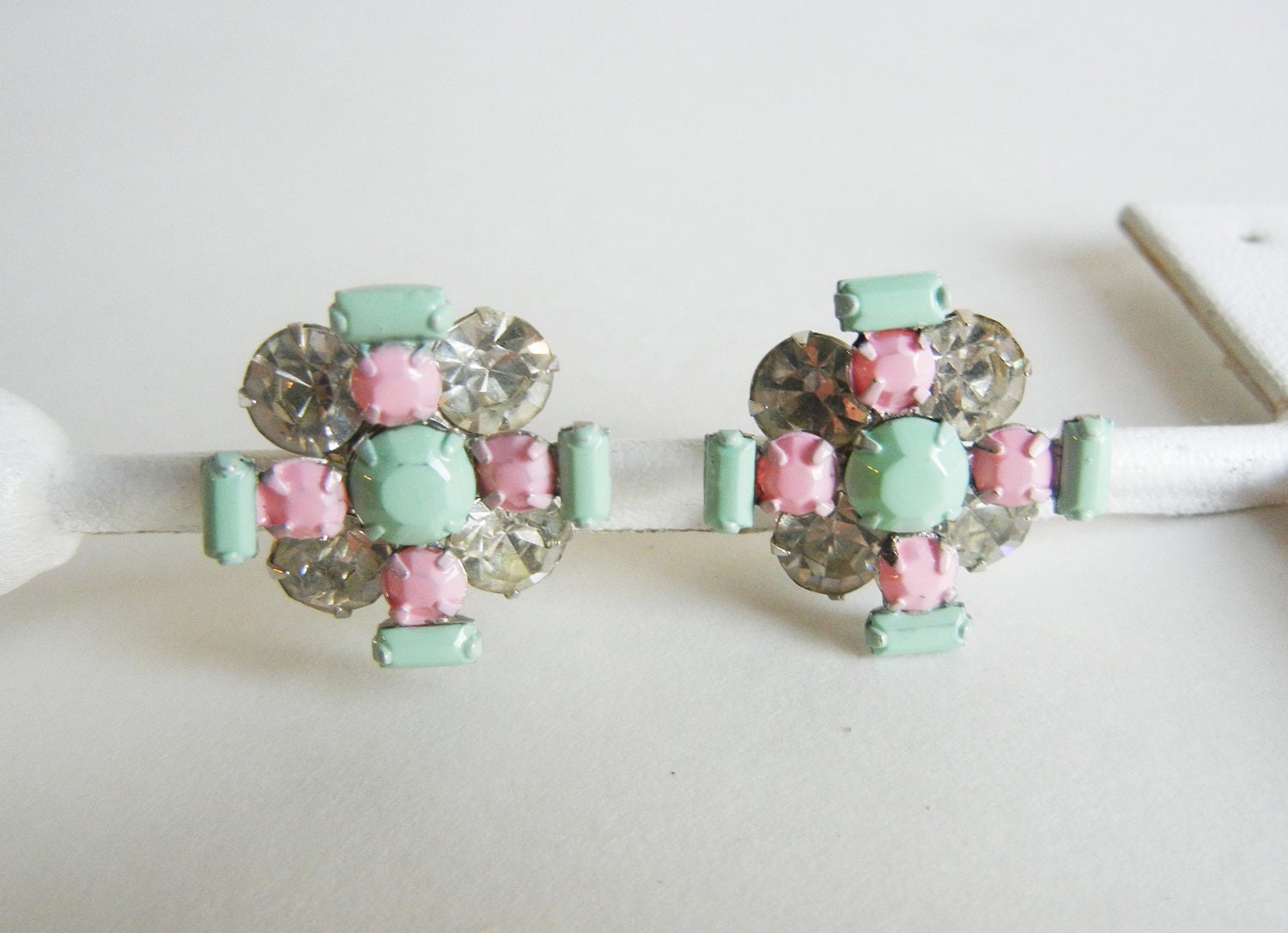 The Lisa Earrings - Mint Green and Pale Pink Rhinestone Earrings - OOAK