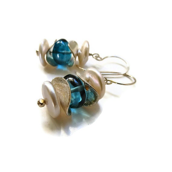 Blue London Topaz and Freshwater Pearls Dangling Sterling Silver Earrings