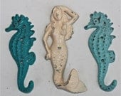 Mermaid Cast Iron Hook Set, Seahorse hook, Aqua, Trio set, Ivory, Beach Cottage, Coastal, Shabby Chic, Bath hook/ Summer