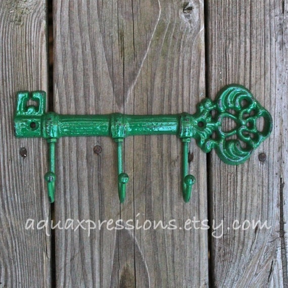 Cast Iron Hook /Classic Green Metal Key Hook /Wall Hanger /Skeleton Key Rack/ Fun Elegant Wall Decor/ Cottage Shabby Chic/  Distressed