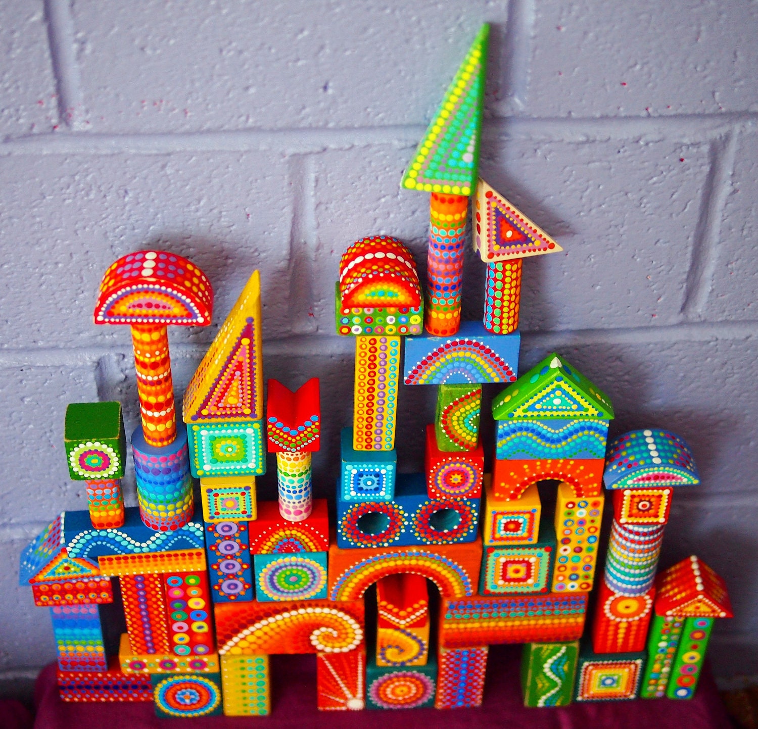 Rainbow Vintage Colourful Wooden Building Blocks- finished set