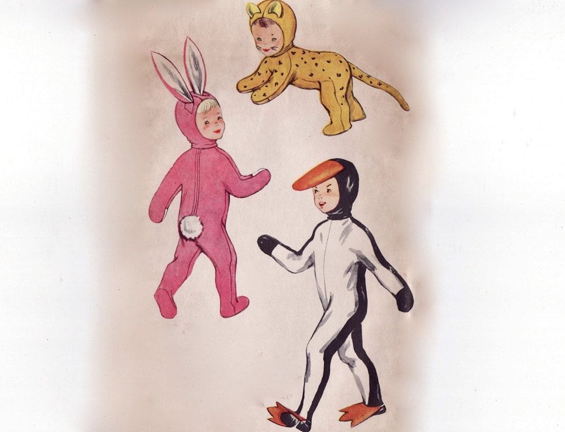 Vintage 50s Childs Sewing Pattern - Boys & Girls Costumes or Footed PJs: Rabbit, Penguin, Cat - 1952 Simplicity 4073, Large, 10-12, Uncut