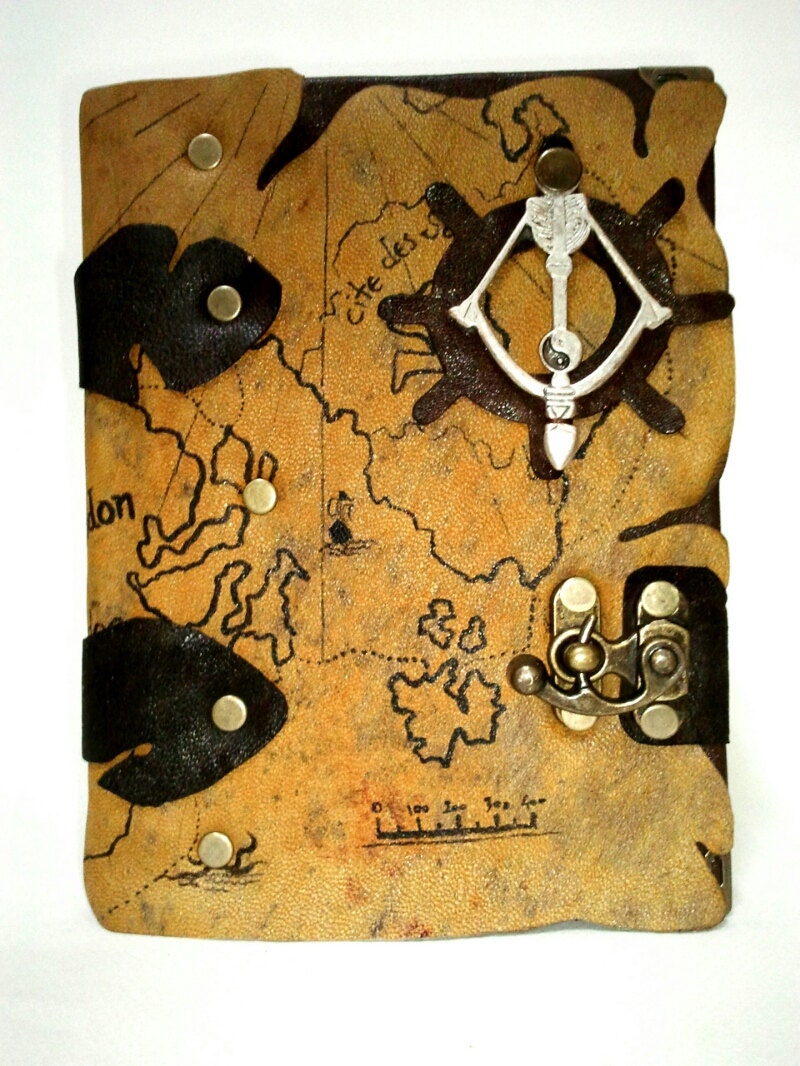Handmade steampunk ship wheel pendant vintage pirate globe map leather journal notebook sketchbook