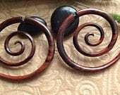 Fake Gauge Earrings, "XXL Spiral" Naturally Organic, Sono Wood, Hand Carved, Tribal