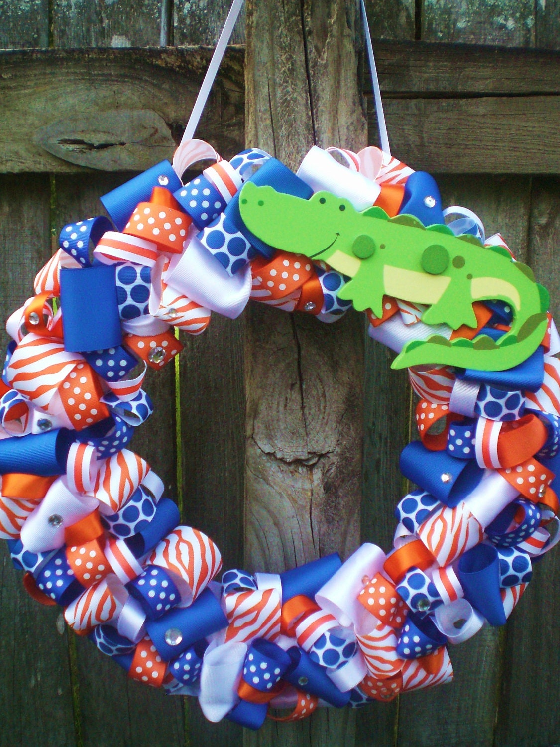 University of Florida Ribbon Wreath with Wooden Gator for Tailgating/Birthday Party, or Themed Baby Shower