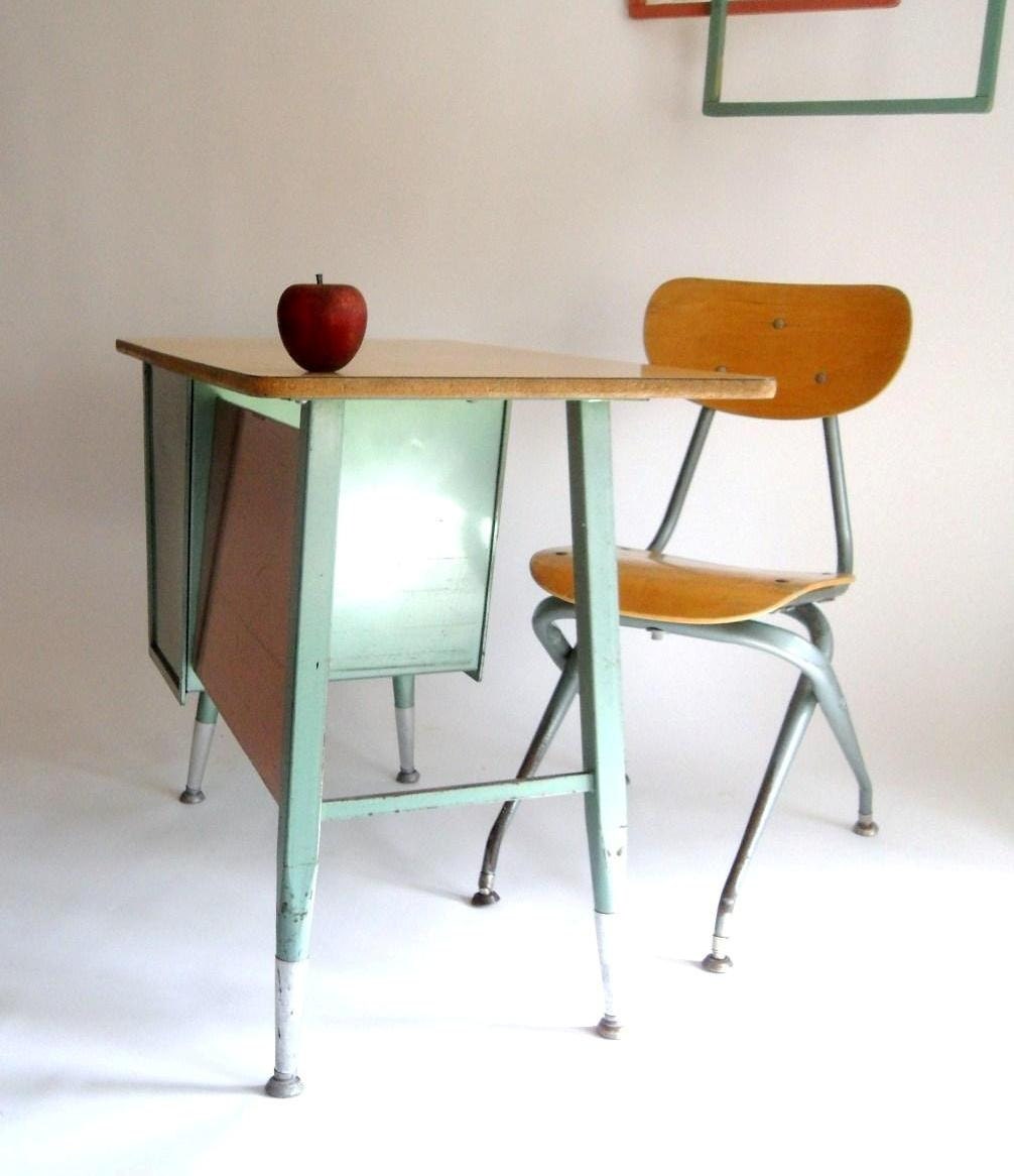 SALE 15% Off. K - 4 Retro Mid Century School Desk and Chair. Turquoise/Teal and Pink. Eames Era.