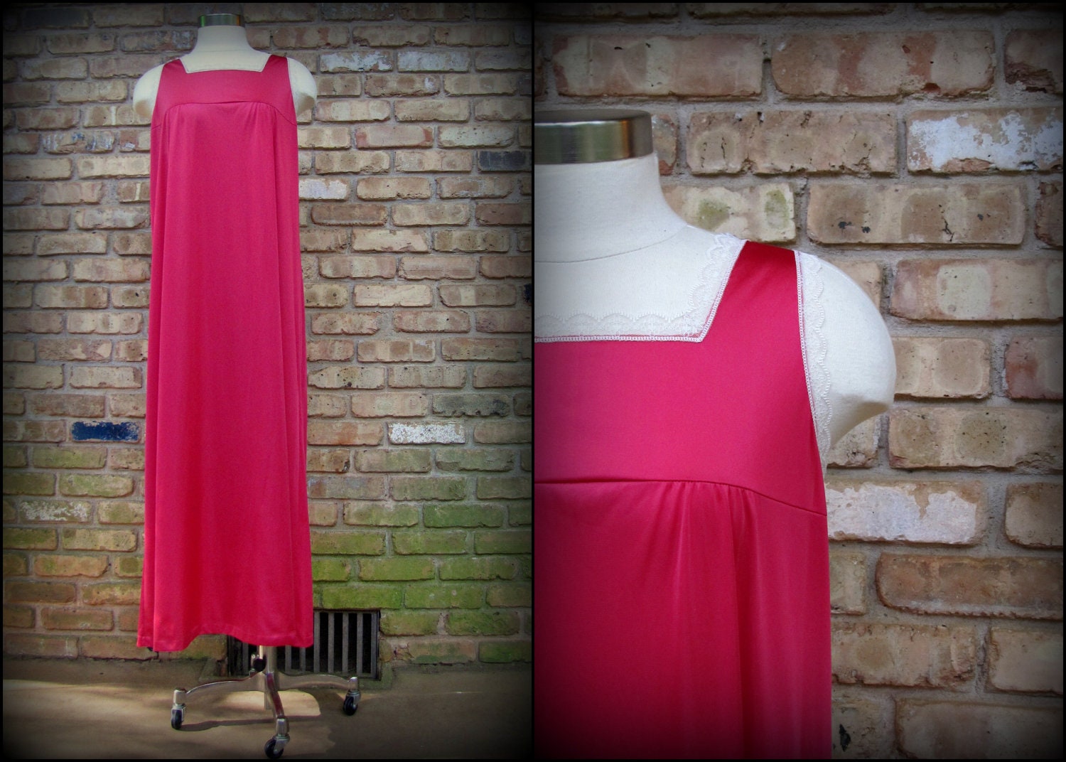 Vintage Nightgown / Valentine Red Gown / 1970s /  Large