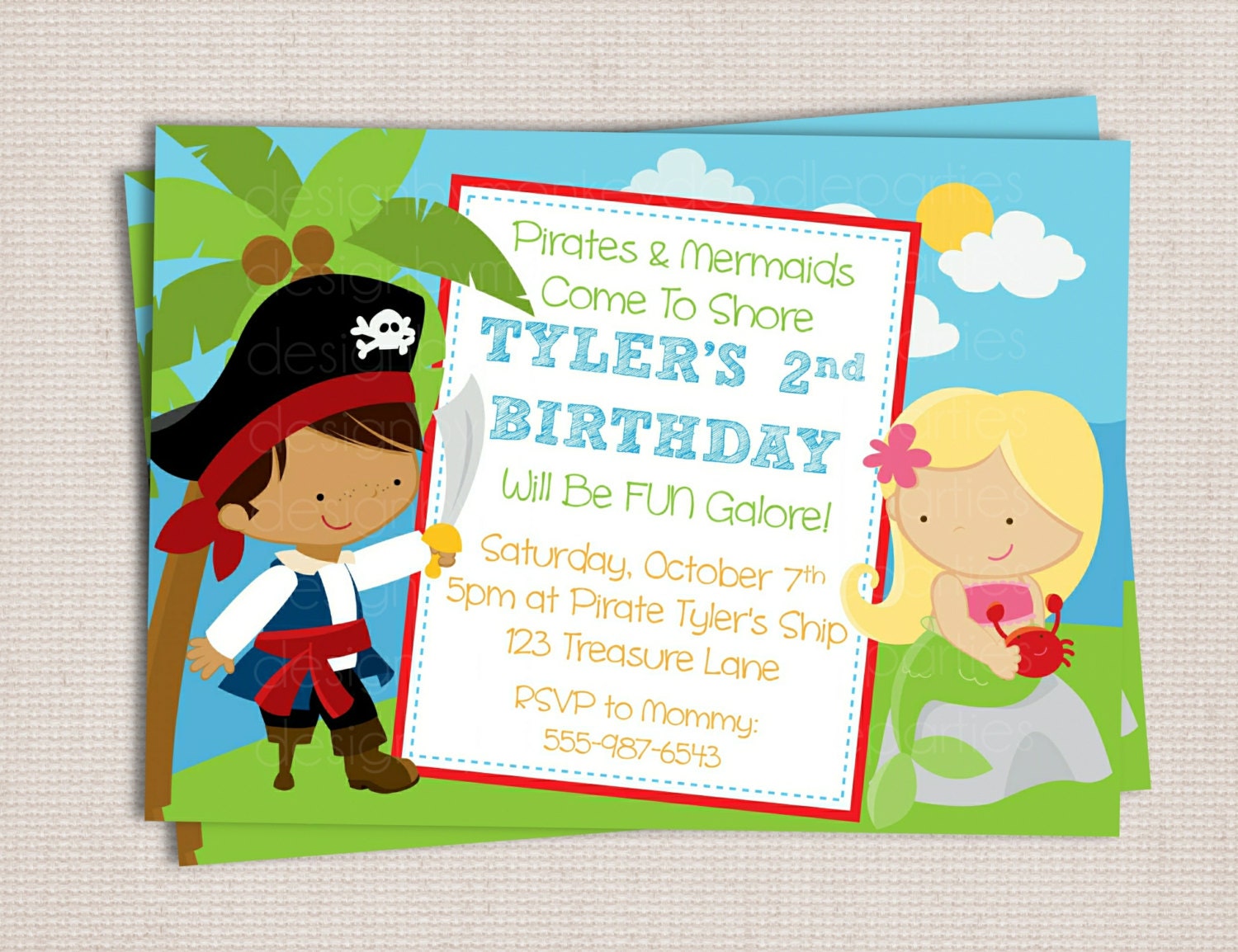 Pirates and Mermaids Theme Birthday Party Custom Printable Invitation Digital File Il_570xn