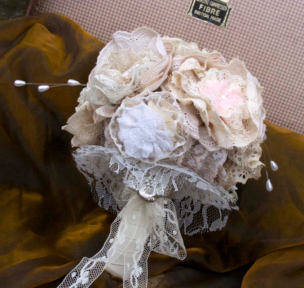 Handmade Vintage Lace Bridal Bouquet. Ivory and cream lace flowers