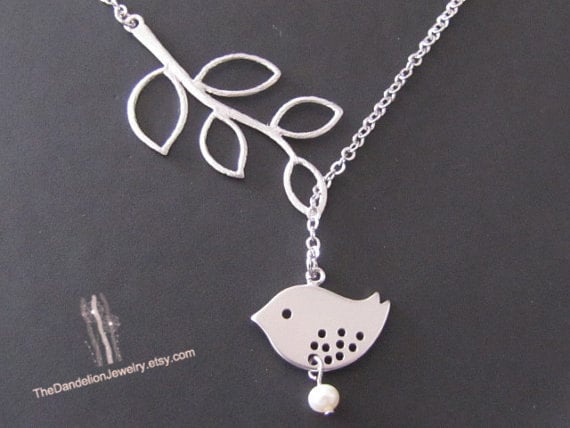 SALE, 10% OFF: Branch and bird lariat with freshwater pearl in white gold, Bird necklace, branch necklace, bird pendant
