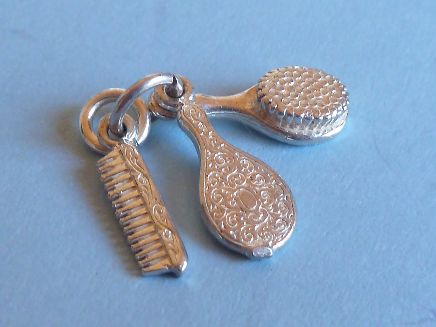 Vintage English Sterling Silver Charm Set brush comb and mirror bracelet charm Pendant