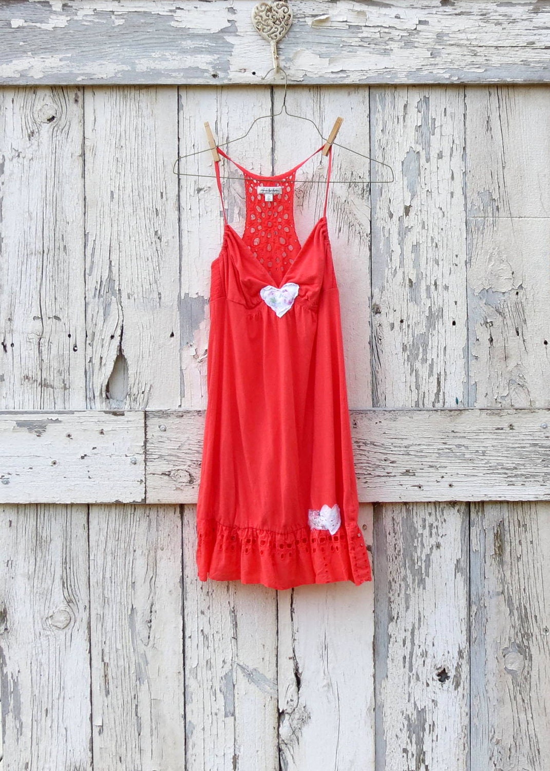 Caught in Love on Coral Sundress upcycled eyelet beach cover up eco friendly tangerine orange with eyelet