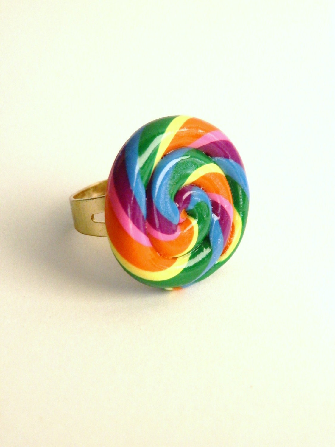 Bright Rainbow Swirl Lollipop Polymer Clay Fake Candy Ring
