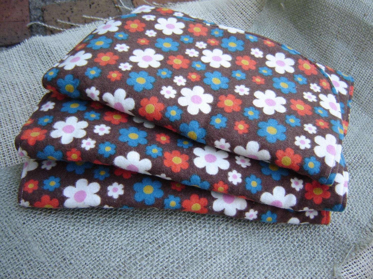 Three (3) Flannel Burp Cloths - Brown With White, Red, Blue, and Pink Daisy Flowers - Quilted and Contoured - Baby Girl Shower Gift